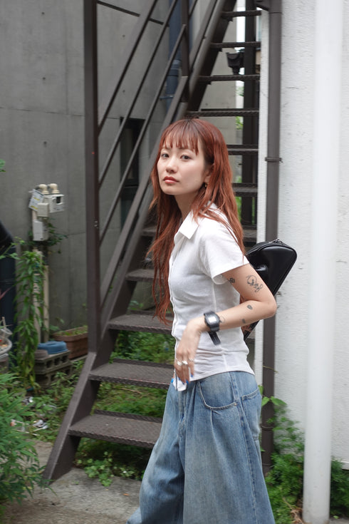 リネン混ハーフスリーブトップス